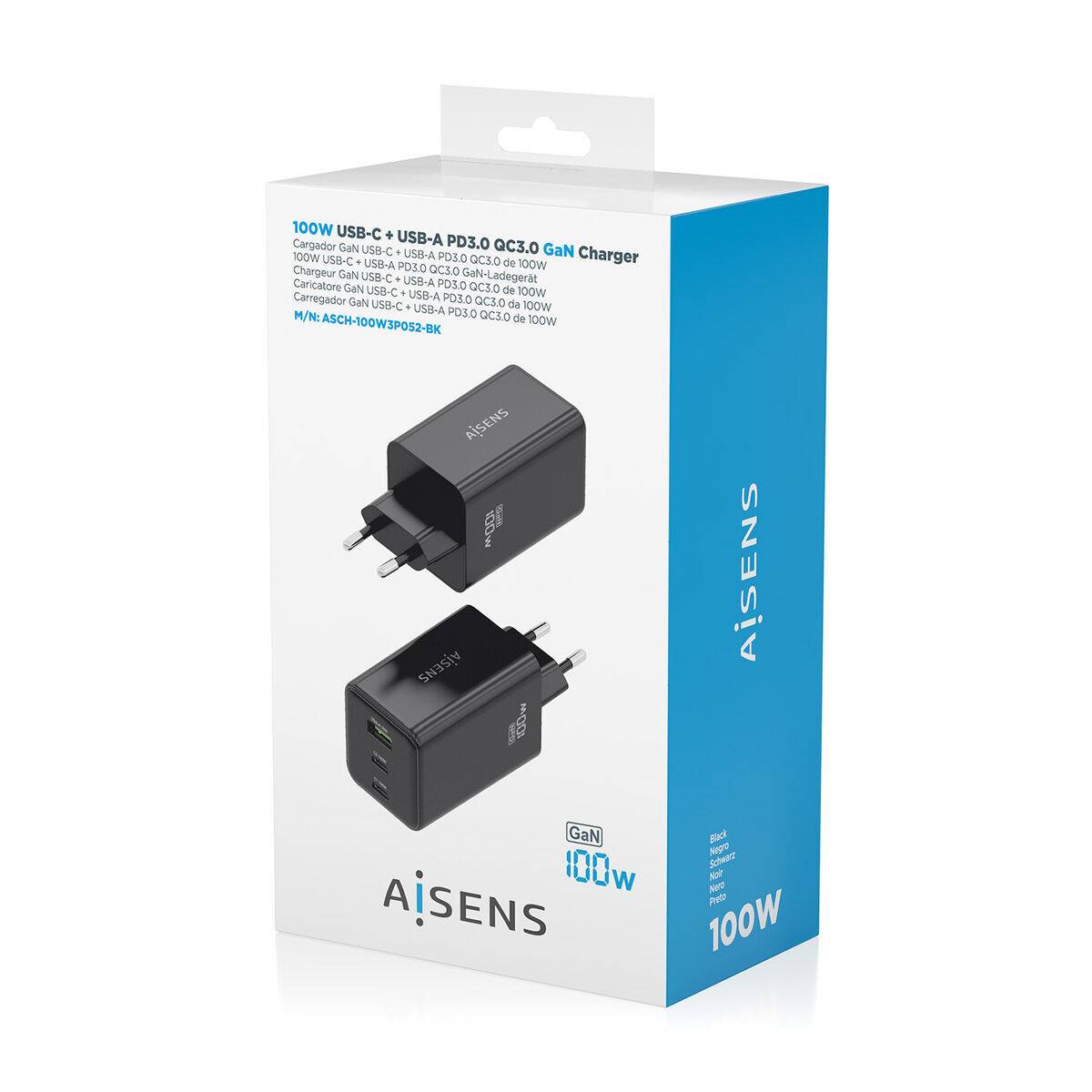 Cargador de Pared Aisens GAN Negro 100 W