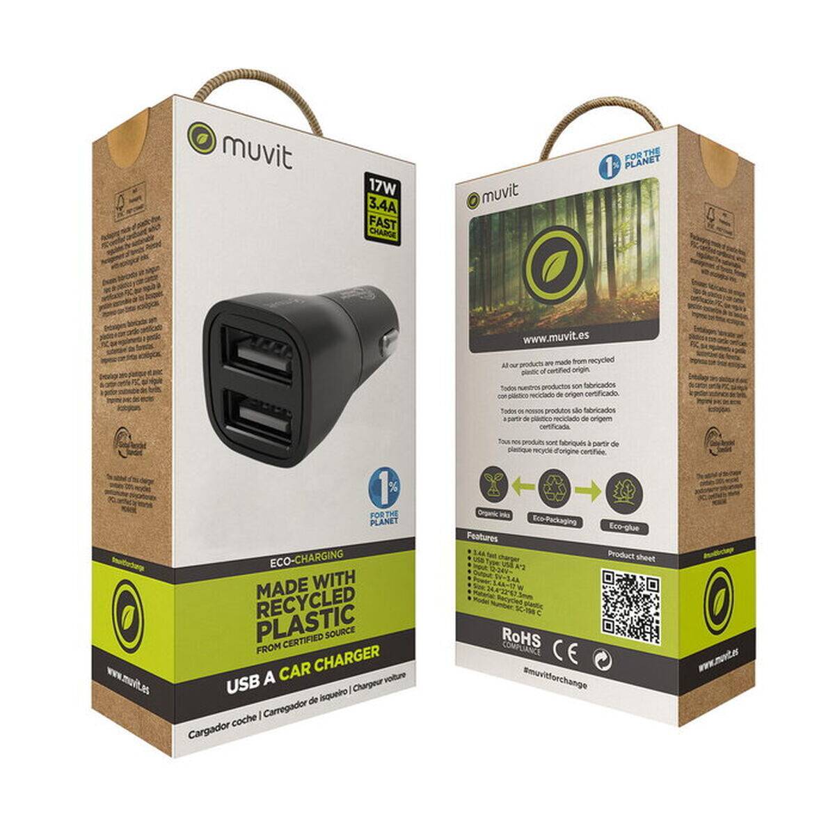 Cargador USB para Coche 2 Puertos Muvit Negro