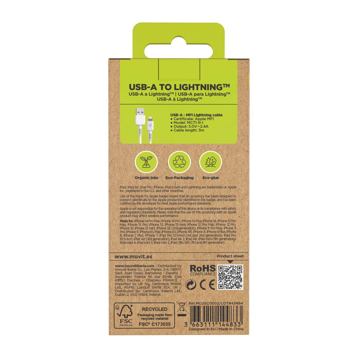 muvit for change cable USB a Lightning MFI 2,4A/12W 3m blanco