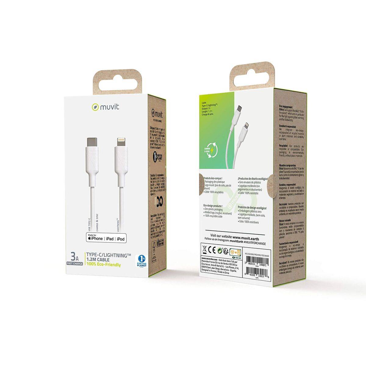 muvit for change cable Tipo C a Lightning MFI 3A/27W 1,2m blanco