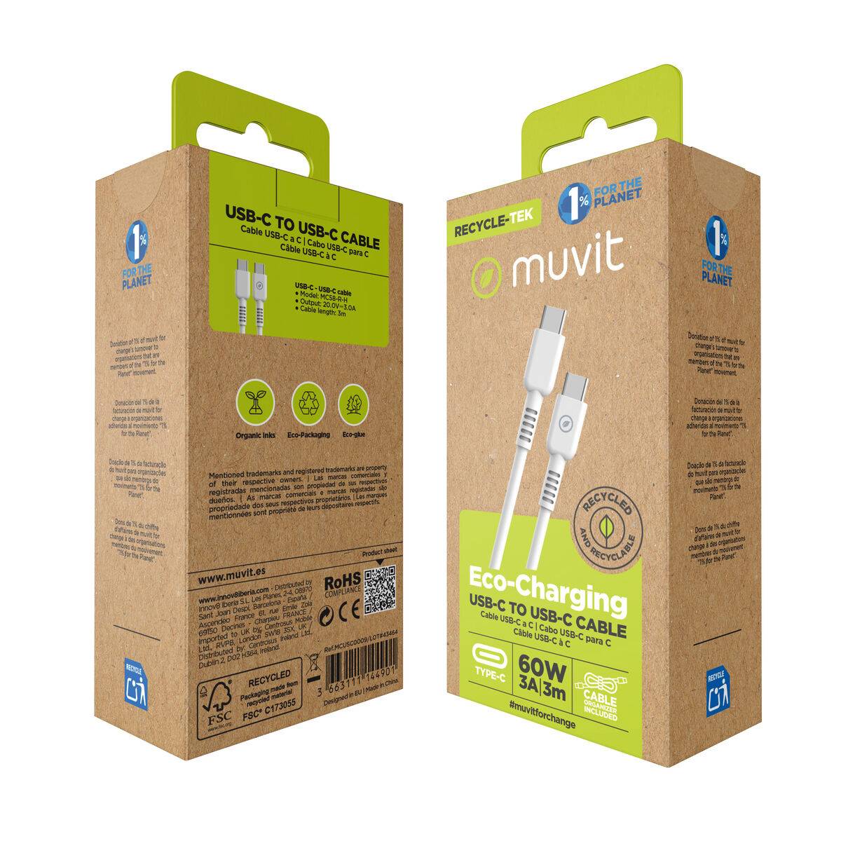 muvit for change cable Tipo C a Tipo C 3A/60W 3m blanco