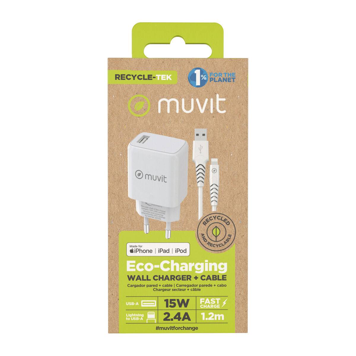 Cargador de Pared + Cable USB A a USB-C Muvit for Change SN-TC170DS1E150A + DC-006 Blanco 12 W