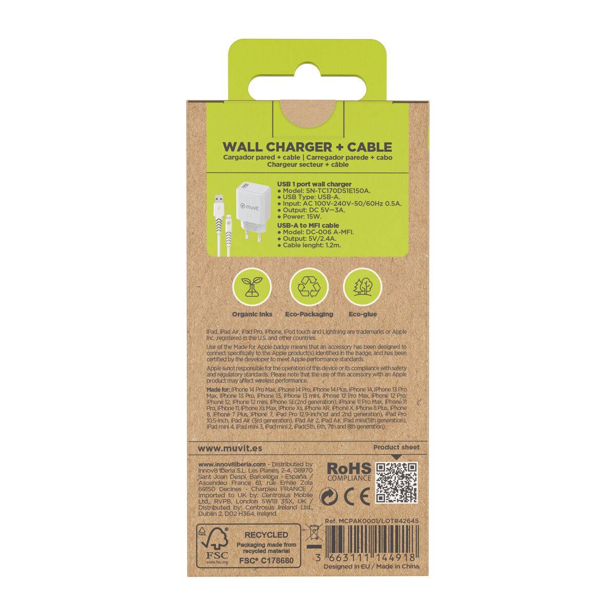 Cargador de Pared + Cable USB A a USB-C Muvit for Change SN-TC170DS1E150A + DC-006 Blanco 12 W