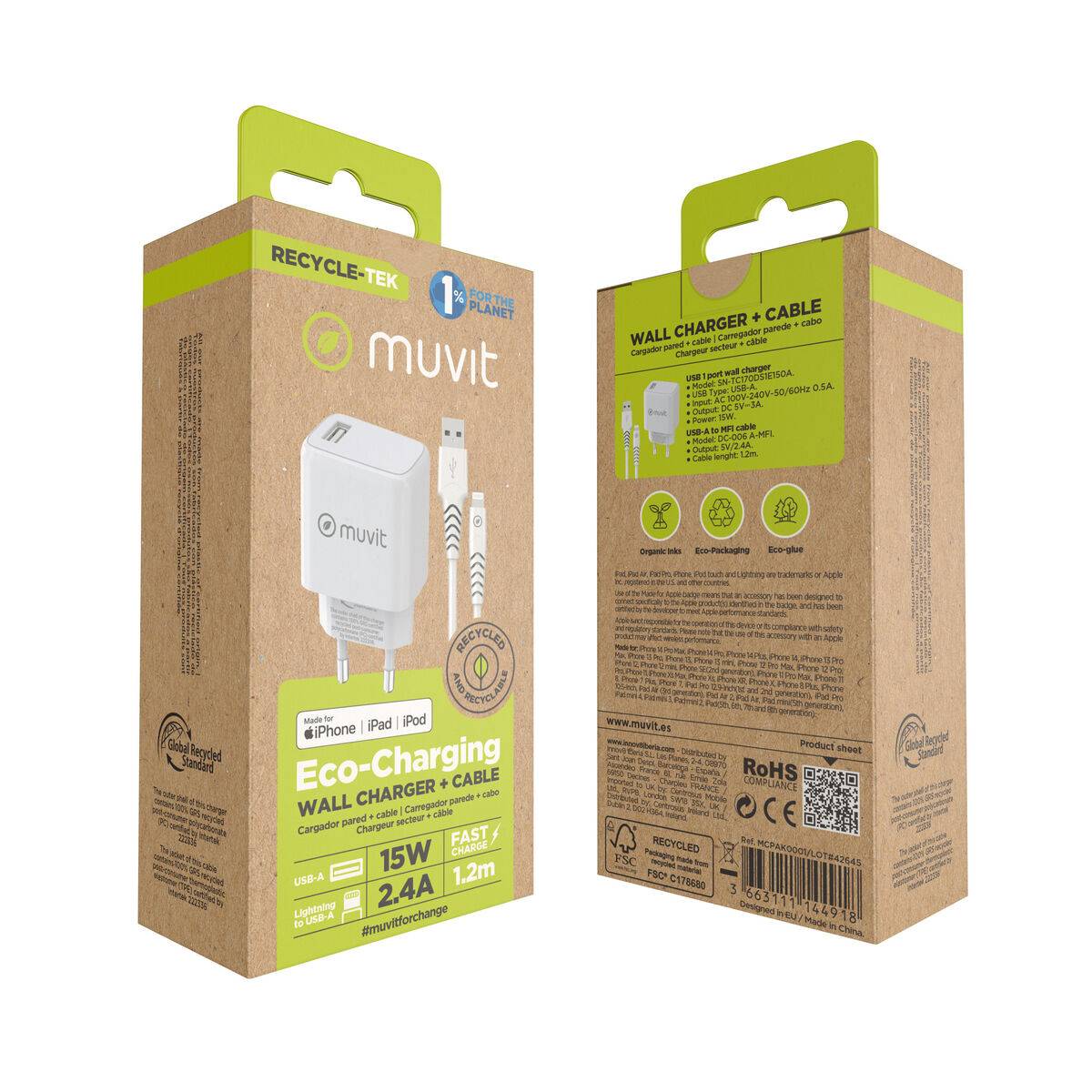 Cargador de Pared + Cable USB A a USB-C Muvit for Change SN-TC170DS1E150A + DC-006 Blanco 12 W