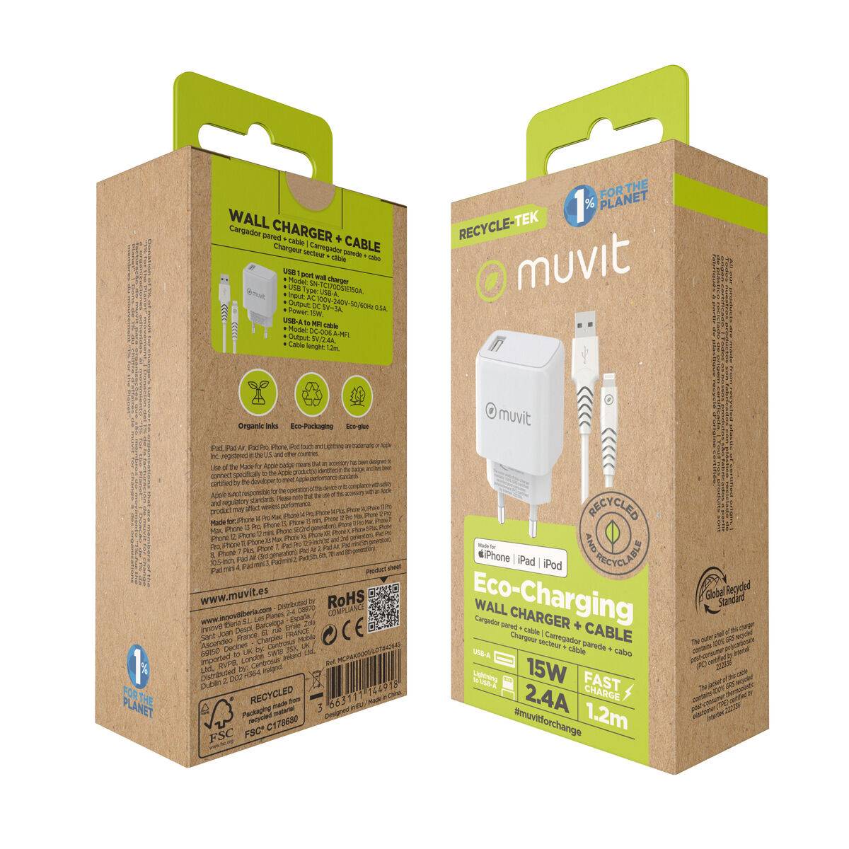 Cargador de Pared + Cable USB A a USB-C Muvit for Change SN-TC170DS1E150A + DC-006 Blanco 12 W