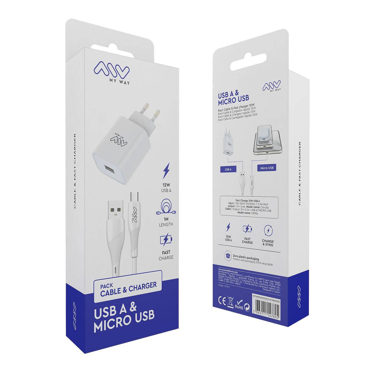 myway pack cargador de pared USB 2.4A + cable micro USB 1m blanco