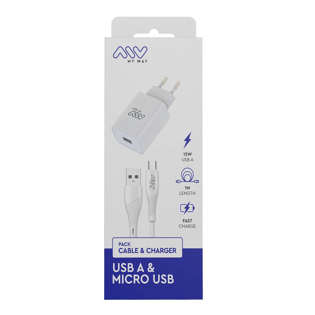 myway pack cargador de pared USB 2.4A + cable micro USB 1m blanco