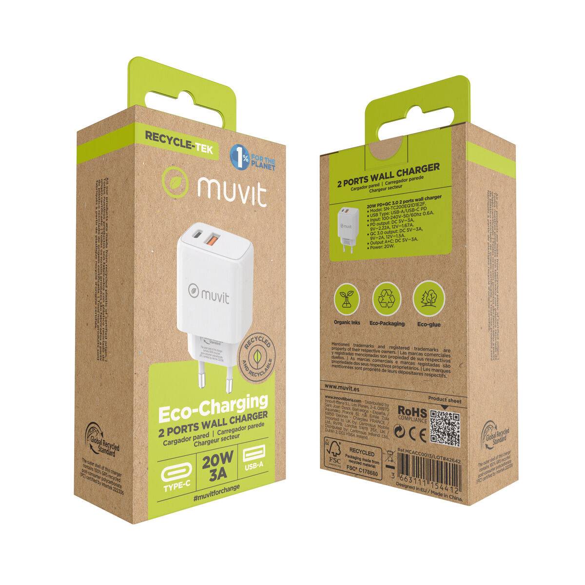 Cargador de Pared Muvit for Change Blanco 18 W 20 W