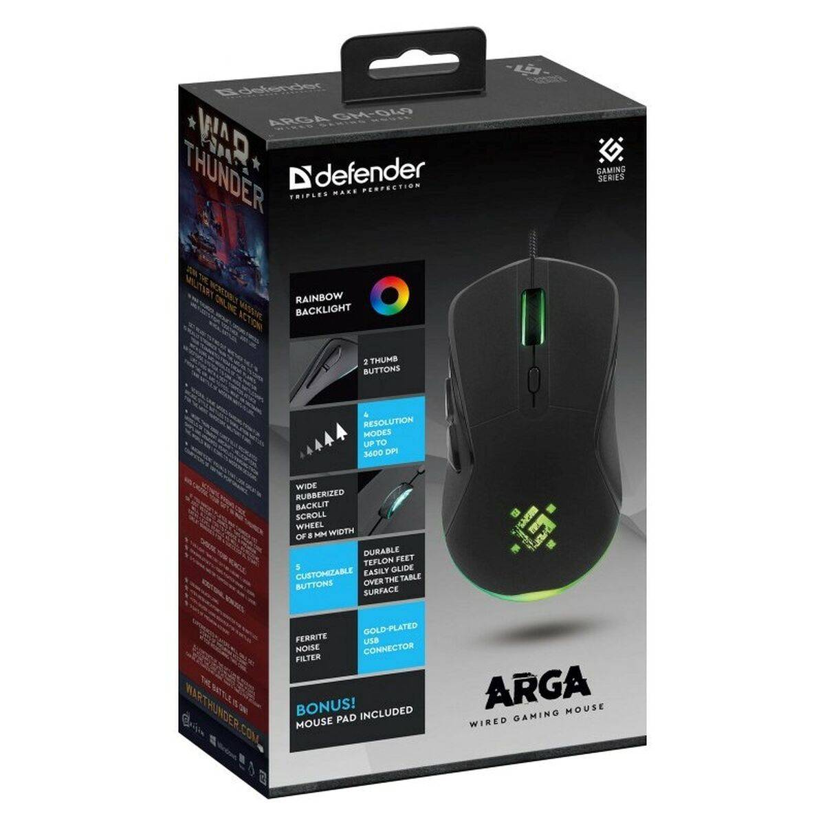 Ratón Gaming Defender GM-049 ARGA Negro 3600 DPI