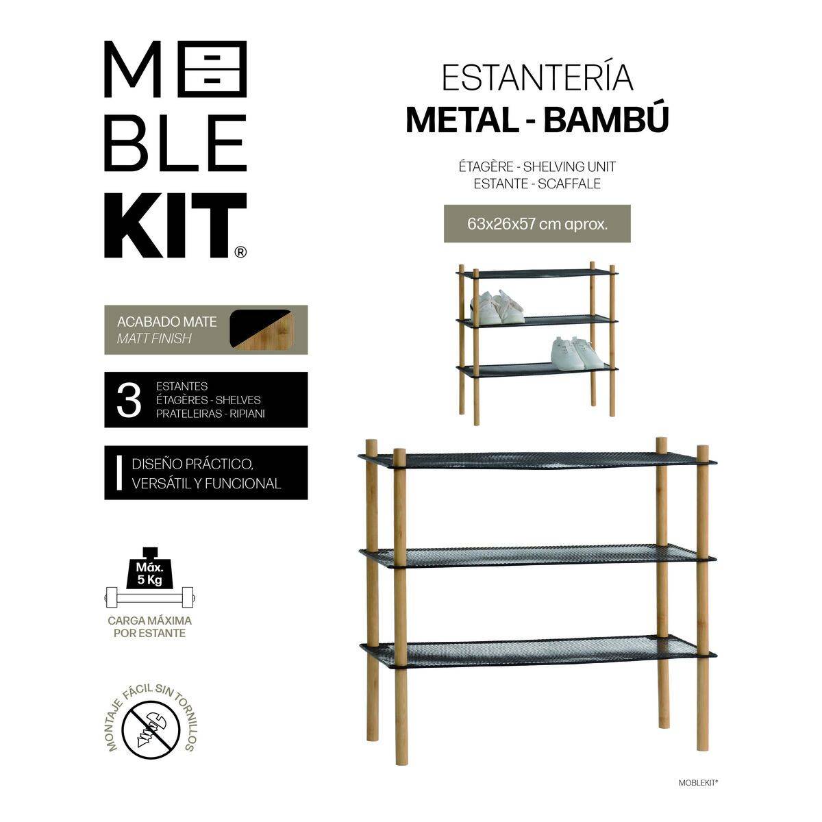Estantería MobleKit Metal Bambú 63 x 26 x 57 cm (4 Unidades)