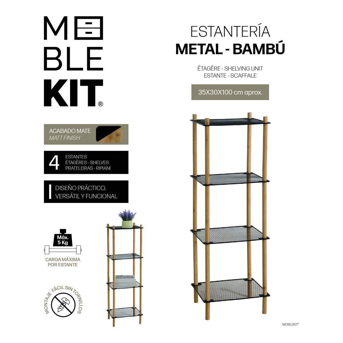 Estantería MobleKit Metal Bambú 35 x 30 x 100 cm (4 Unidades)
