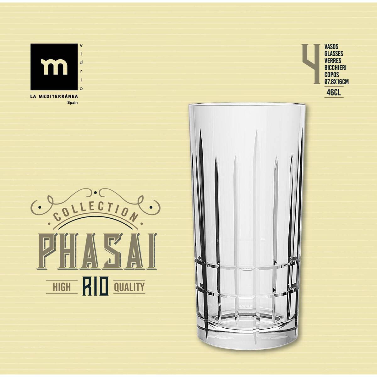 Vaso La Mediterránea Phasai rio Transparente Vidrio 460 ml (24 Unidades)