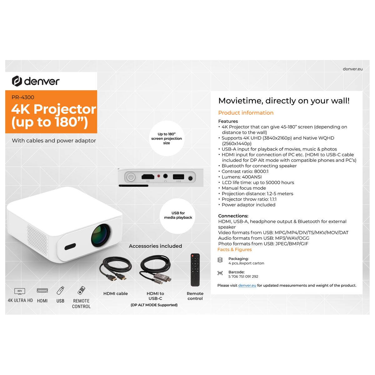 Proyector Denver Electronics PR-4300 4K 3840 x 2160 px