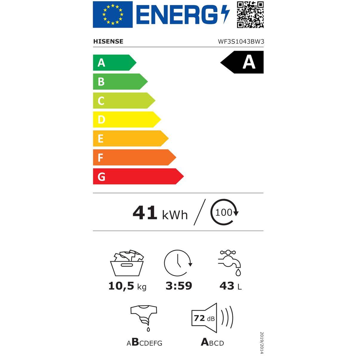 Lavadora Hisense WF3S1043BW3 60 cm 1400 rpm 10 kg