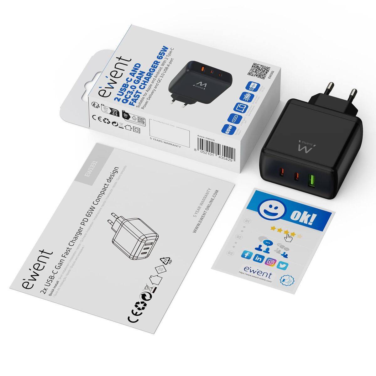 Cargador de Pared Ewent EW1331 Negro 65 W