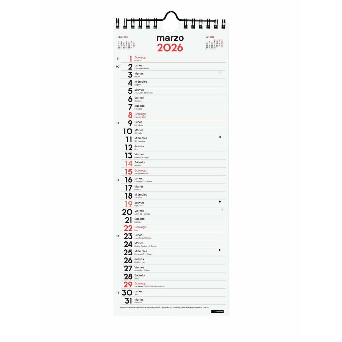 Calendario de pared Finocam Papel 2026 13 x 33 cm