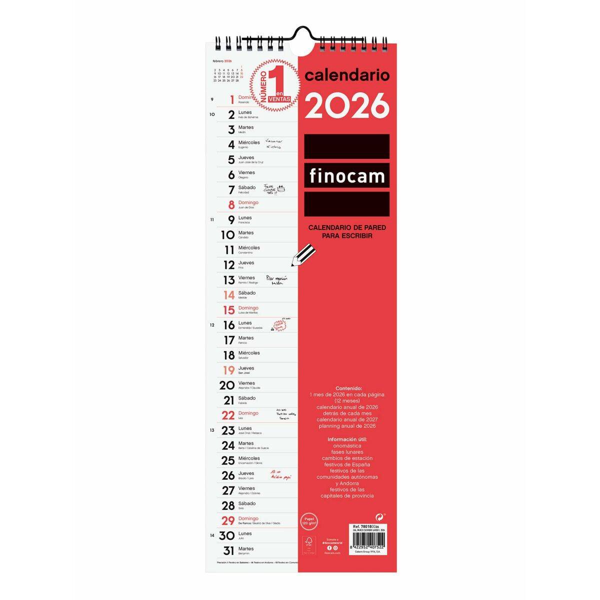 Calendario de pared Finocam Papel 15,5 x 43 cm