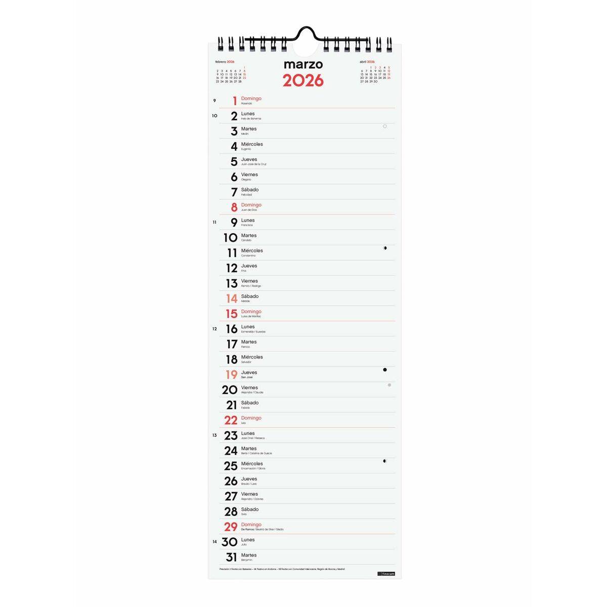 Calendario de pared Finocam Papel 15,5 x 43 cm