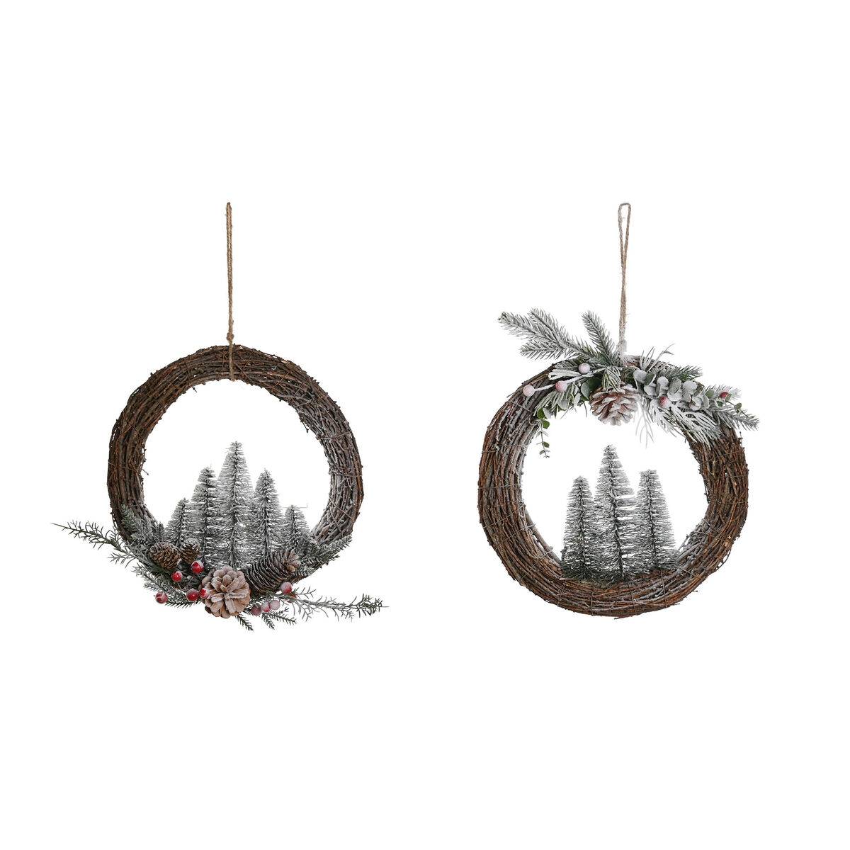 Corona de Navidad DKD Home Decor Natural Mimbre Piña Nevado 32 x 7 x 32 cm (2 Unidades)