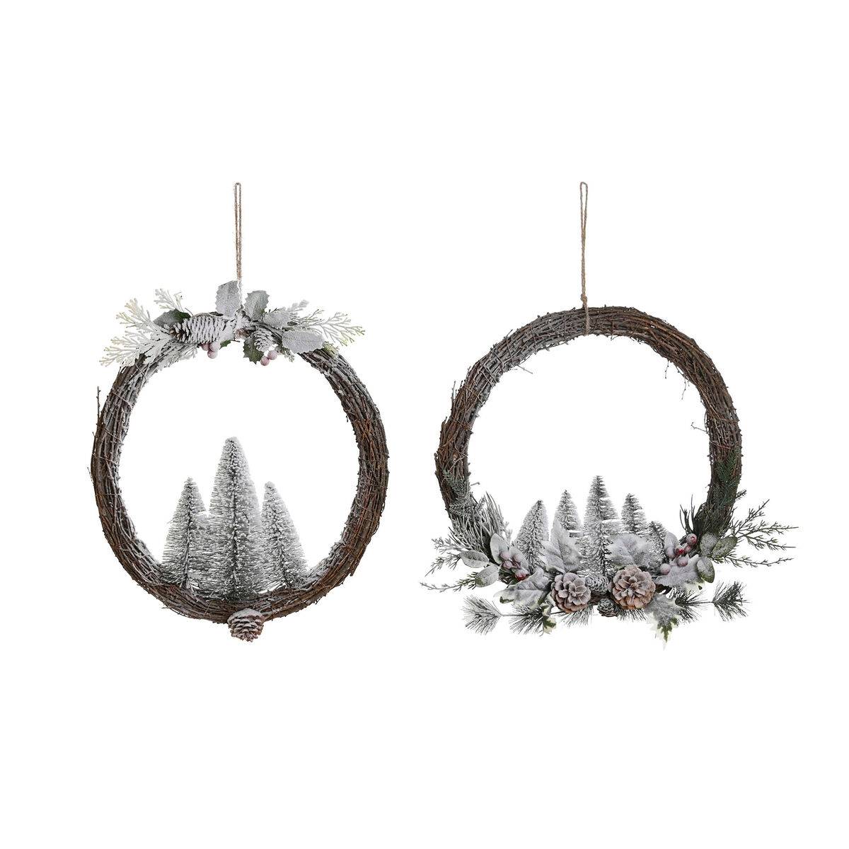 Corona de Navidad DKD Home Decor Natural Mimbre Piña Nevado 46 x 7 x 46 cm (2 Unidades)