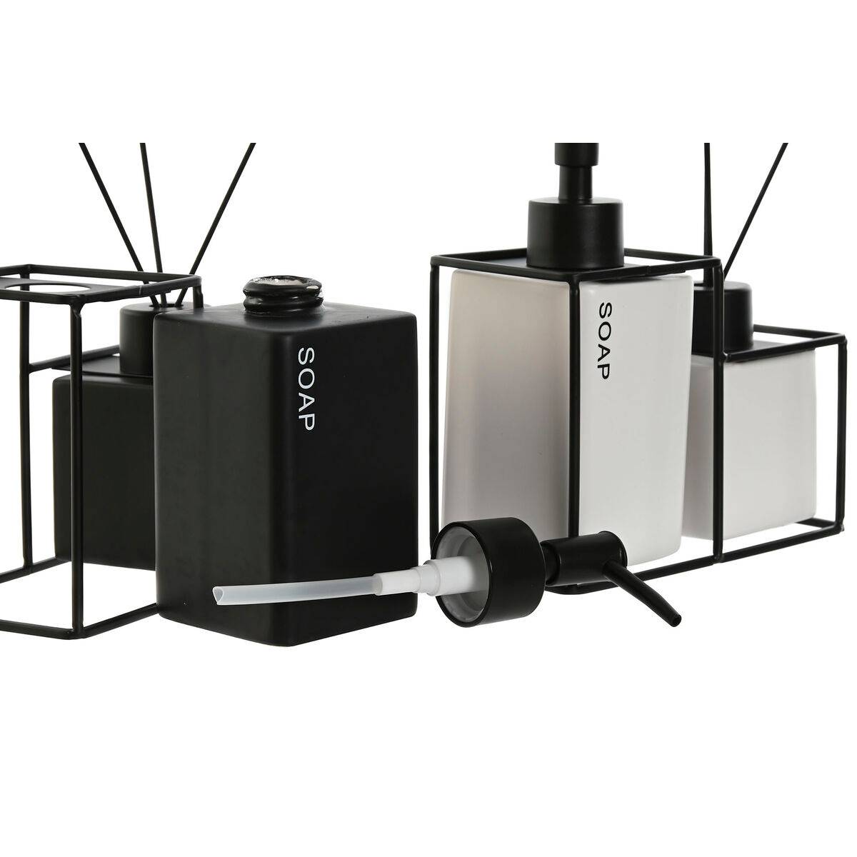 Set de Baño Home ESPRIT Blanco Negro Metal Dolomita 14,5 x 8 x 17 cm 2 Piezas (2 Unidades)