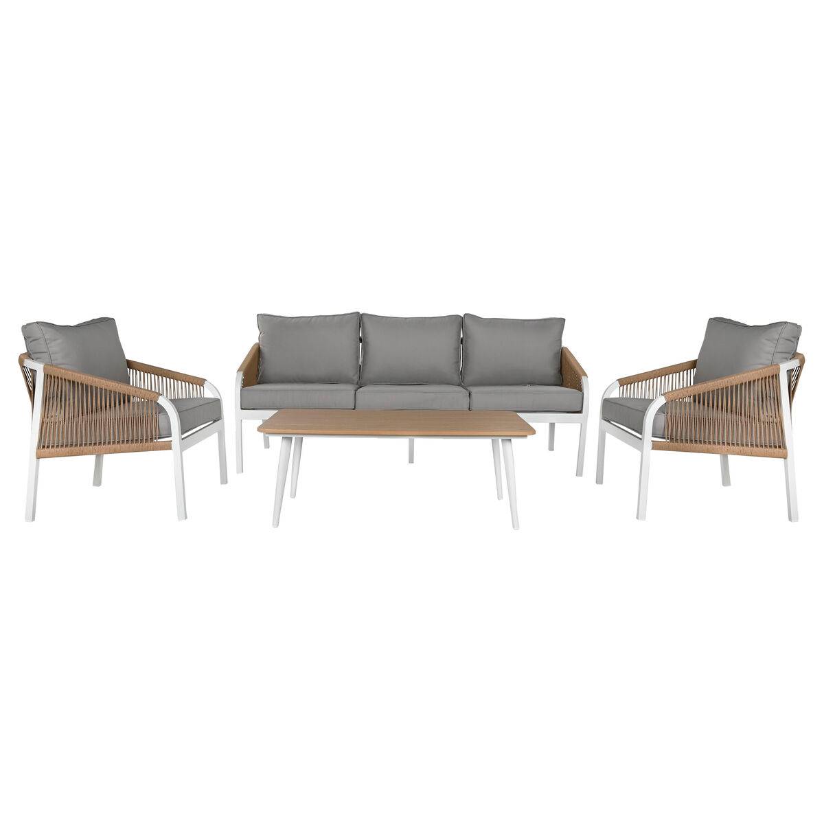 Conjunto de Mesa con 3 Sillones Home ESPRIT Blanco Natural Gris claro 189 x 73 x 84 cm (4 Piezas)