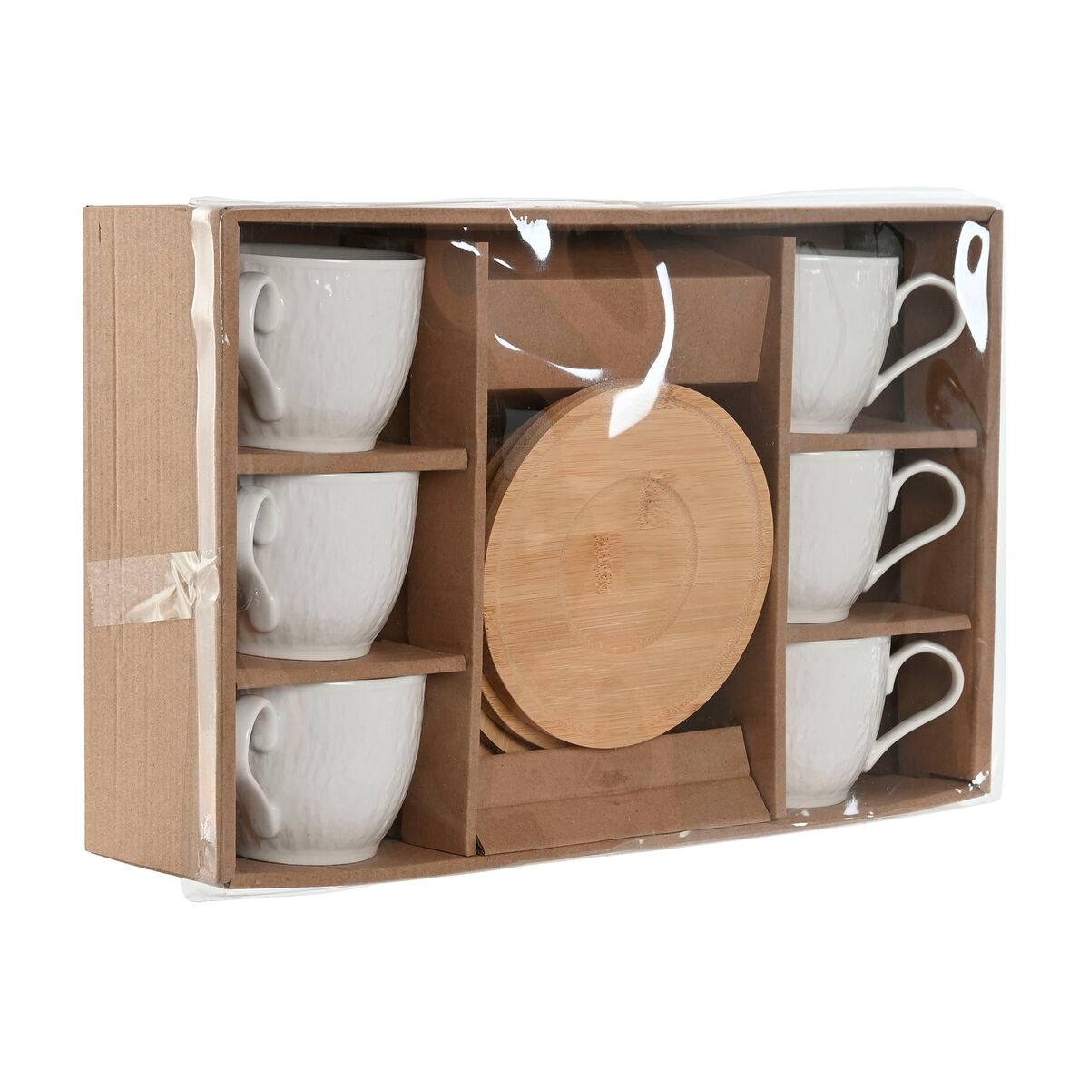 Juego de 6 Tazas con Plato Home ESPRIT Blanco Natural Bambú Porcelana 220 ml