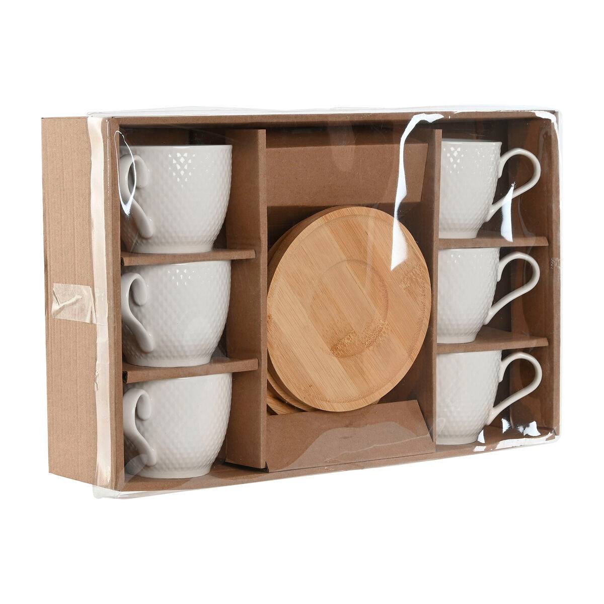 Juego de 6 Tazas con Plato Home ESPRIT Blanco Natural Bambú Porcelana 220 ml
