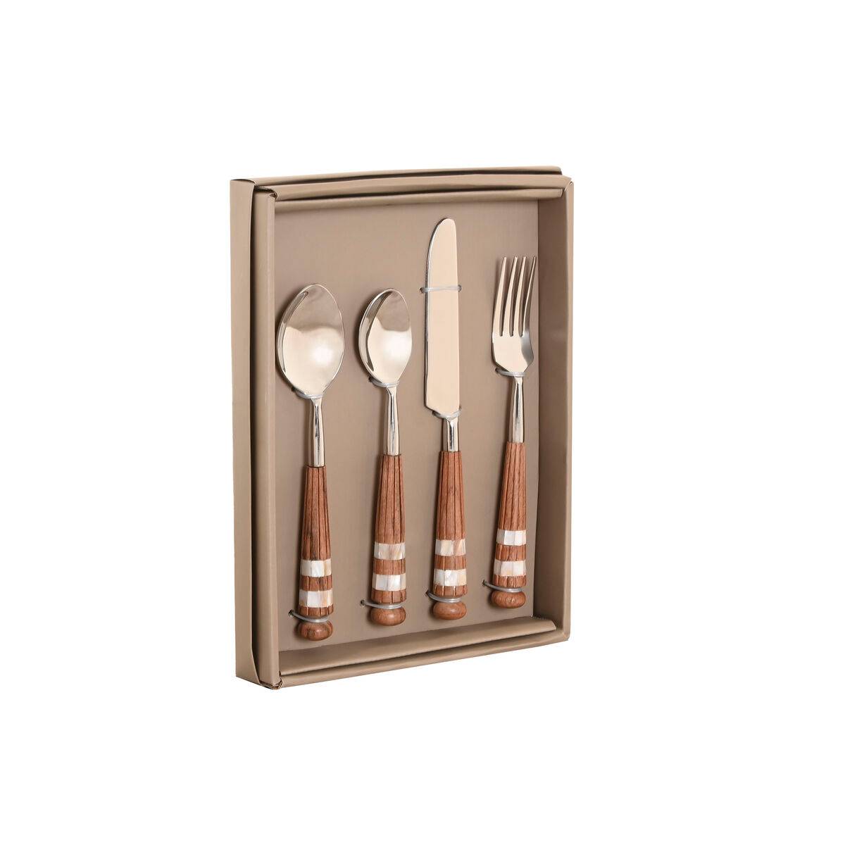 Cubertería Home ESPRIT Blanco Plateado Natural Acero Inoxidable Acacia 4,5 X 2 X 21 CM 16 Piezas