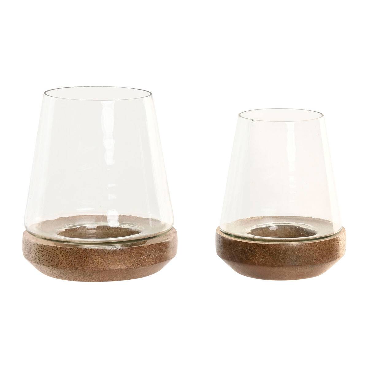 Portavelas Home ESPRIT Marrón Natural Cristal Madera de mango 12 x 12 x 15 cm (2 Unidades)