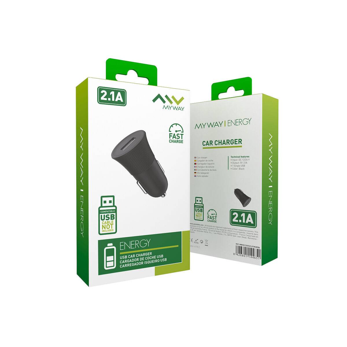 myway cargador coche USB 2.1A negro