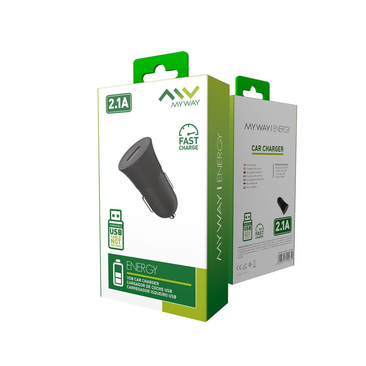 myway cargador coche USB 2.1A negro