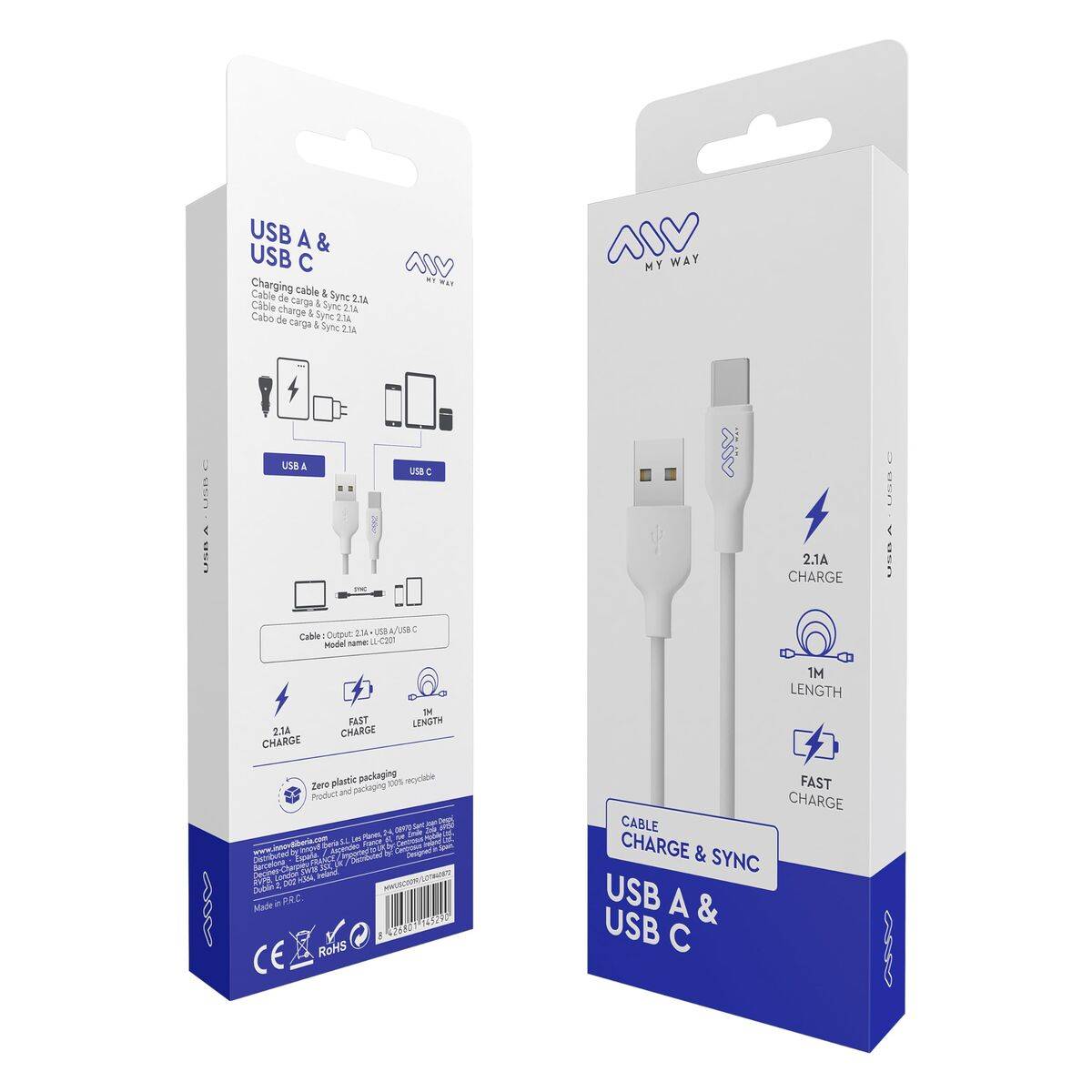 myway cable USB-Tipo C 3A 1m blanco