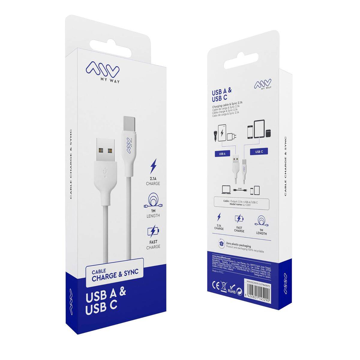 myway cable USB-Tipo C 3A 1m blanco
