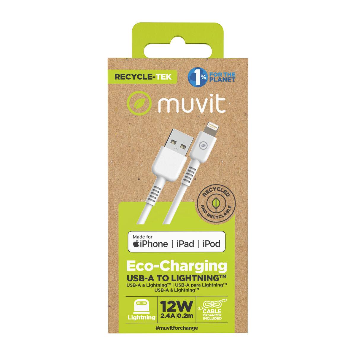 muvit for change cable USB a Lightning MFI 2,4A/12W 0,2m blanco