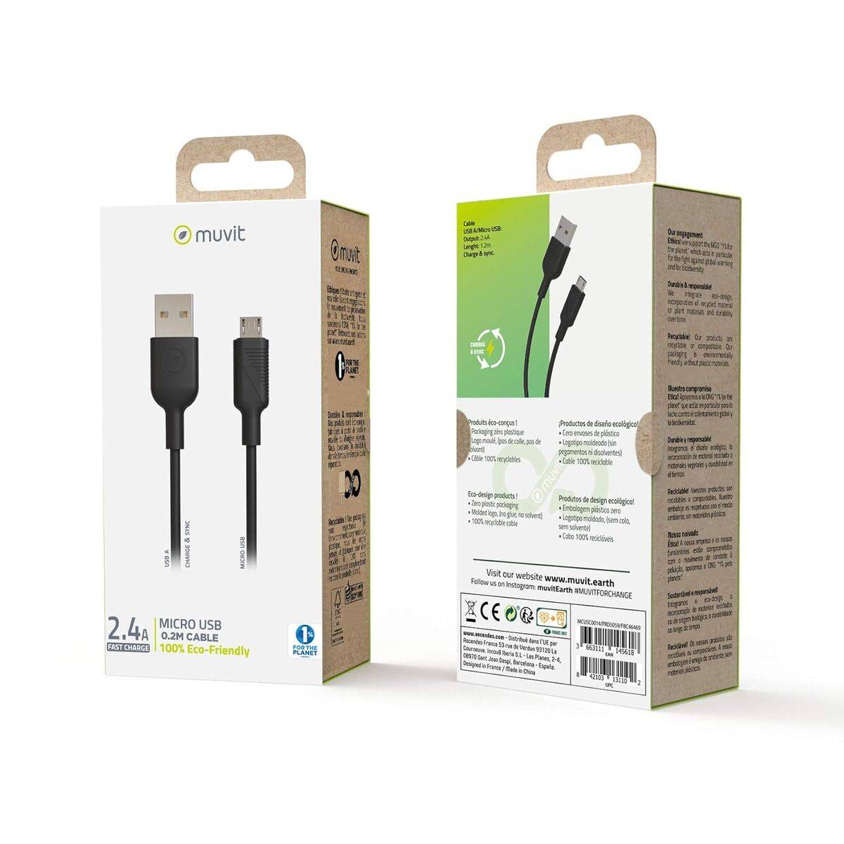 muvit for change cable USB a Micro USB 2,4A/10W 0,2m negro
