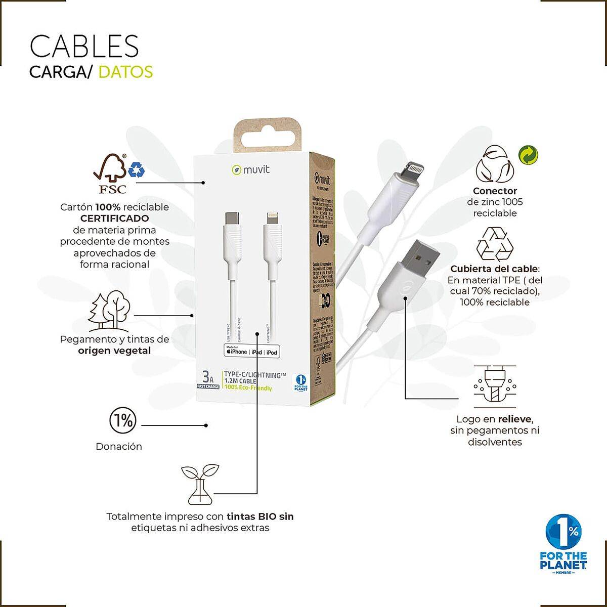 muvit for change cable USB a Tipo C 3A/27W 0.2m blanco