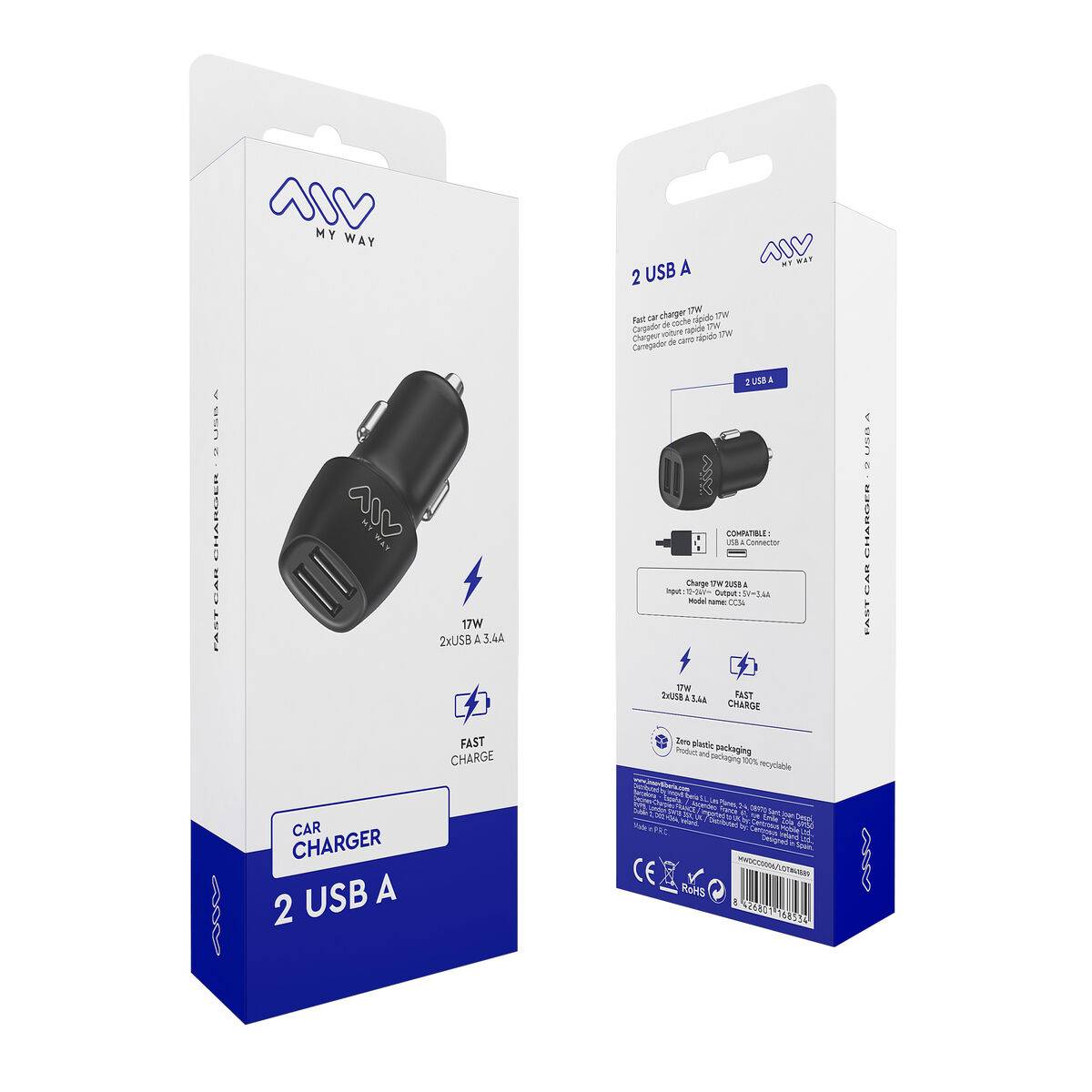 myway cargador coche 2 USB 3.4A negro