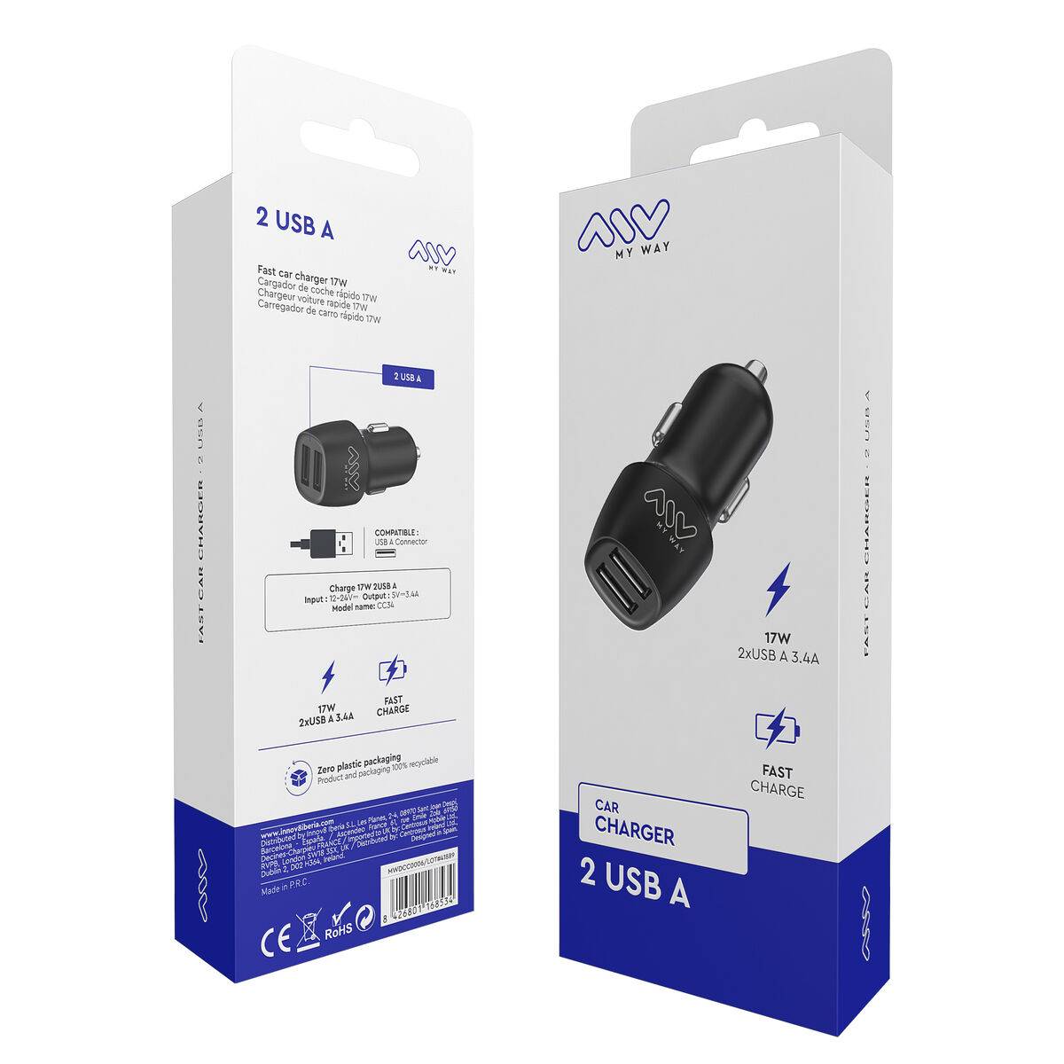 myway cargador coche 2 USB 3.4A negro
