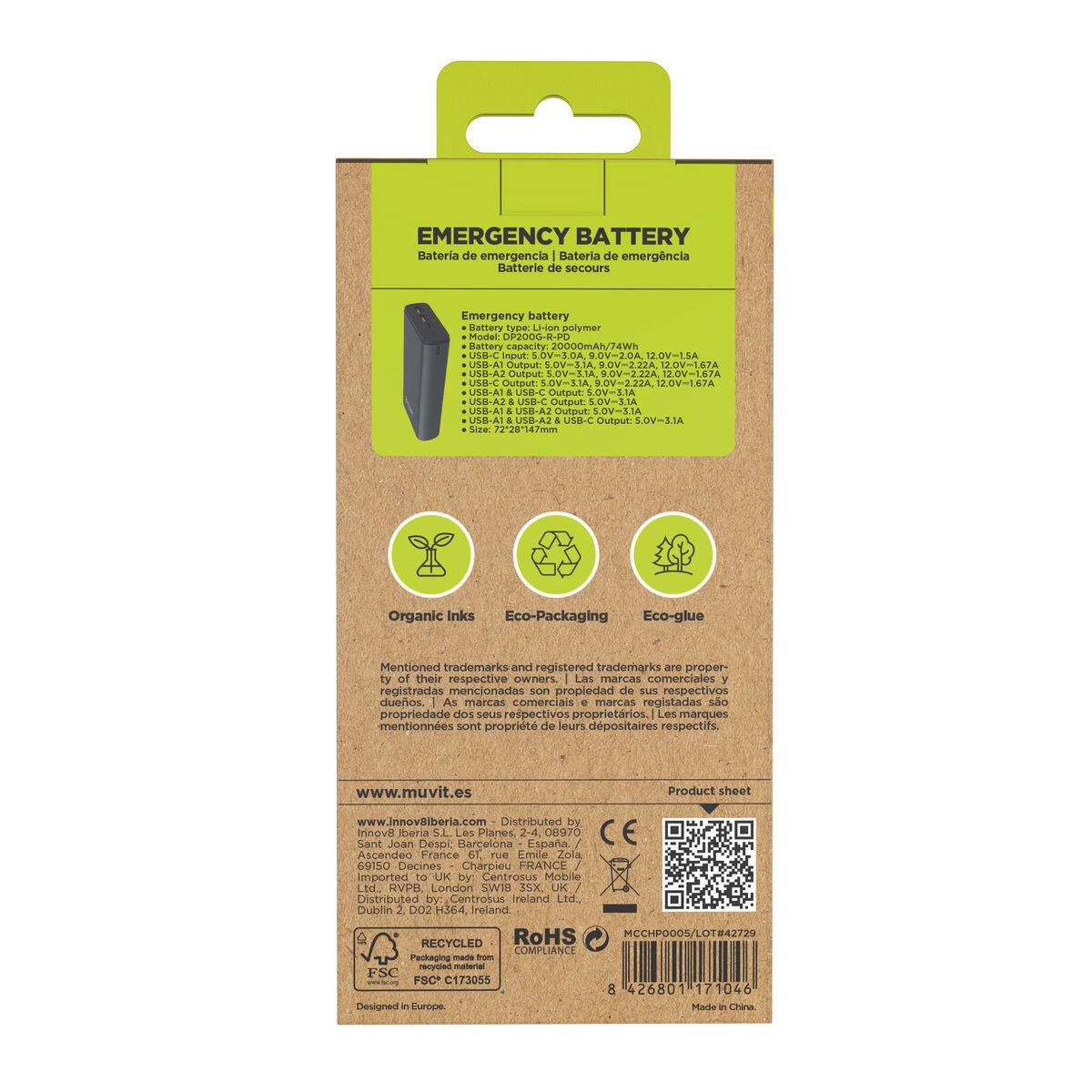 Powerbank Muvit for Change DP200G-R-PD Negro 20 W