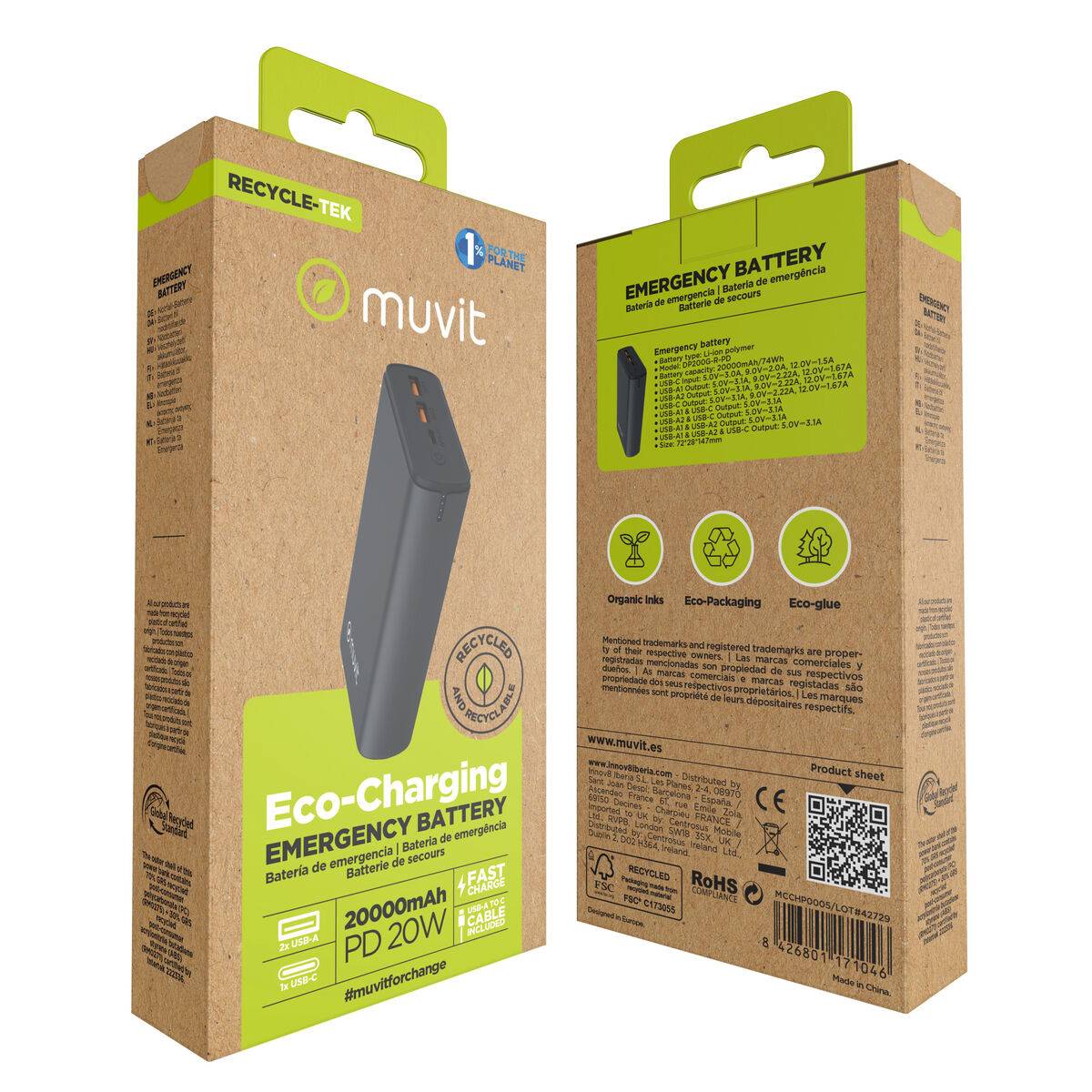 Powerbank Muvit for Change DP200G-R-PD Negro 20 W