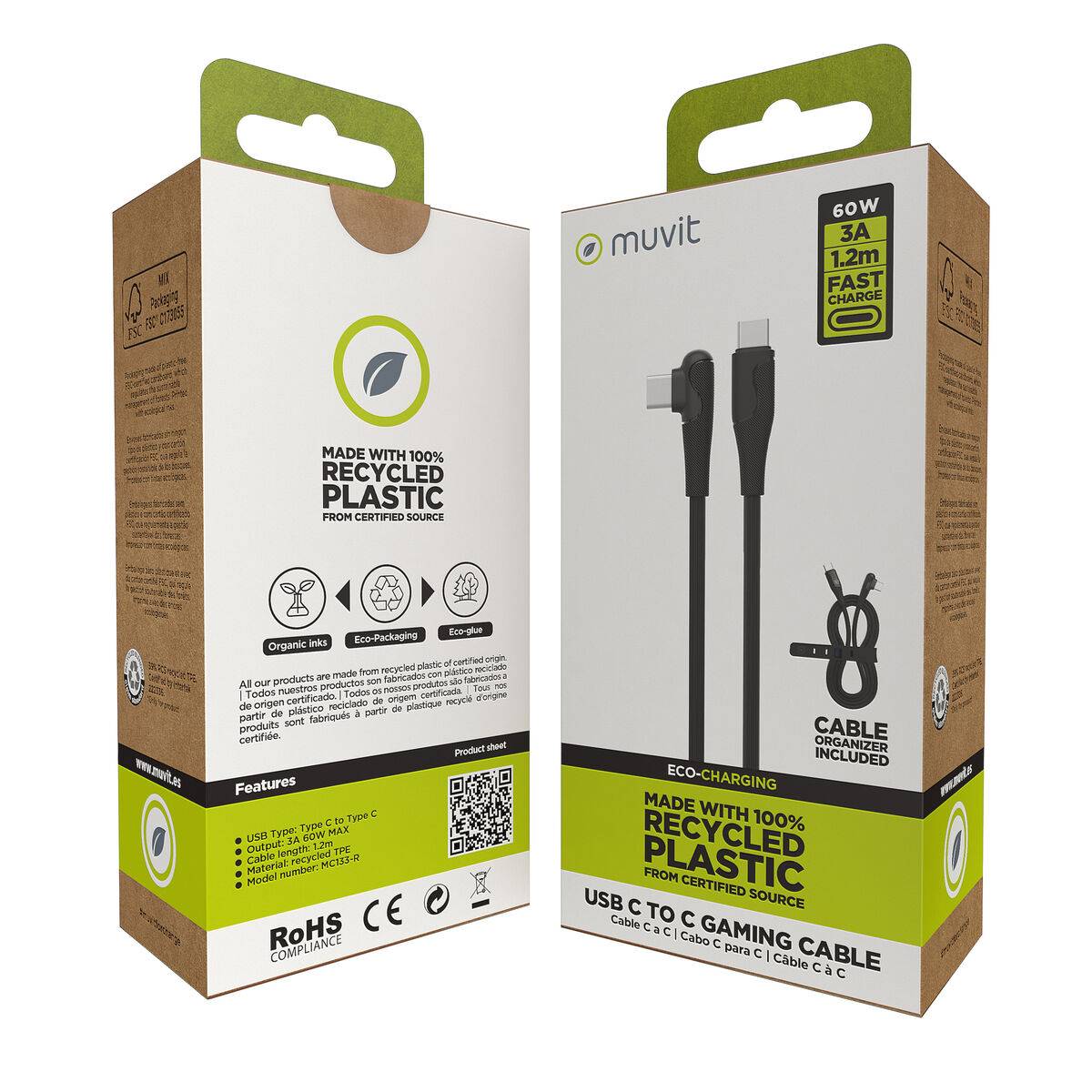 muvit for change cable Tipo C a Tipo C 3A/60W 1.2m gaming negro
