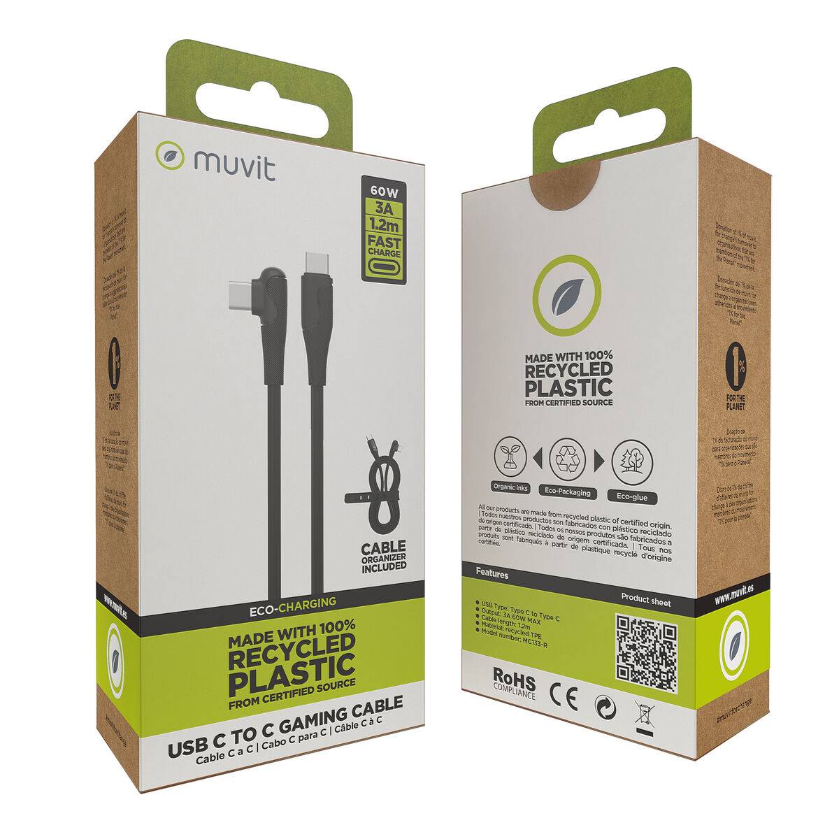 muvit for change cable Tipo C a Tipo C 3A/60W 1.2m gaming negro