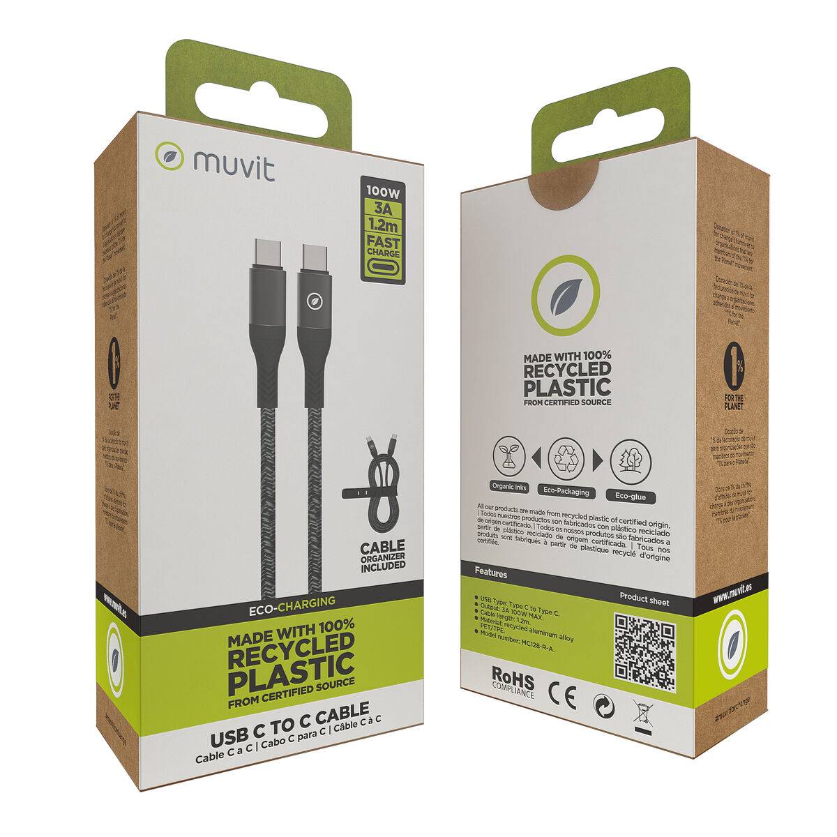 muvit for change cable Tipo C a Tipo C 5A/100W 1.2m resistente negro