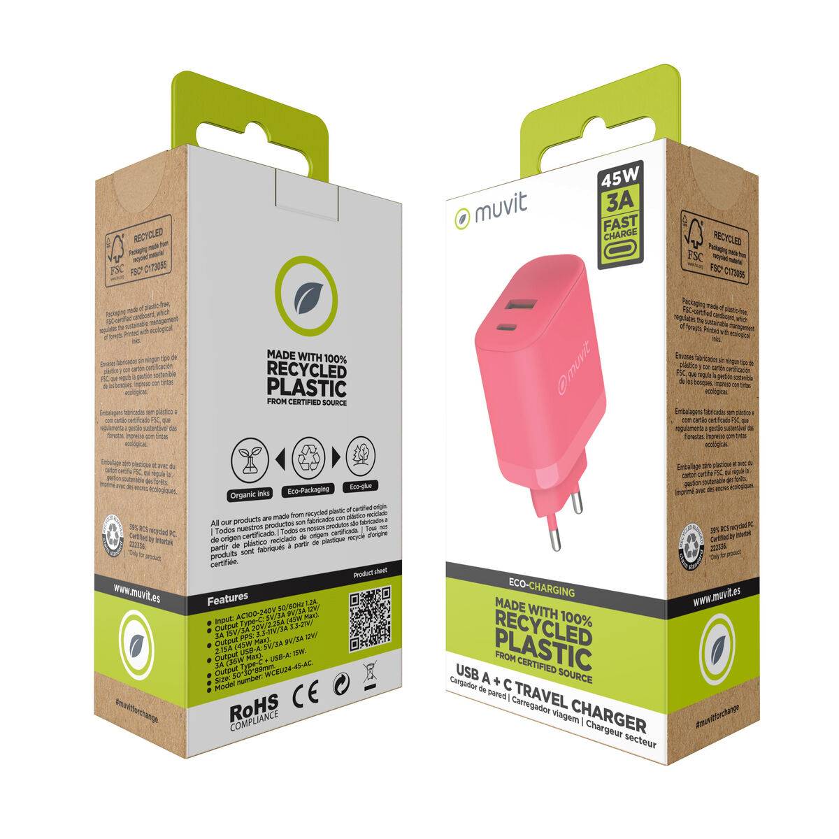 Cargador de Pared Muvit for Change WCEU24-45-AC Magenta 45 W