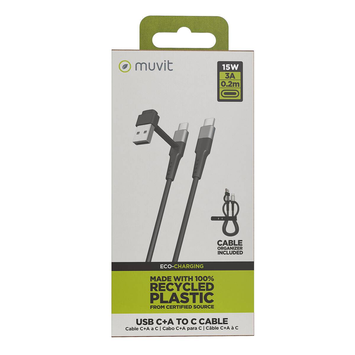 muvit for change cable Tipo C + Tipo A a Tipo C 3A 15w 0,2m negro
