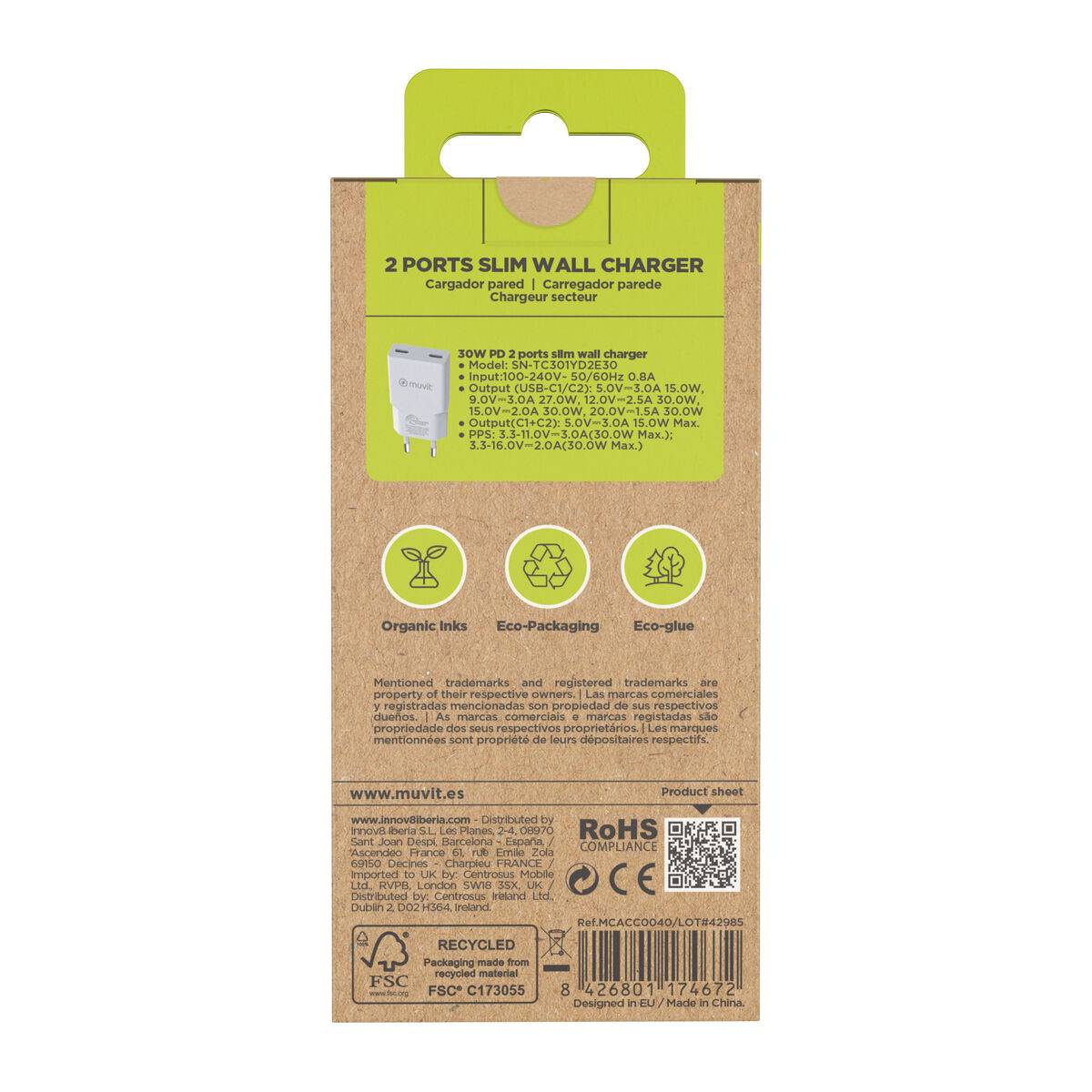 muvit for change cargador de pared Slim 2 Tipo C PD 30W blanco