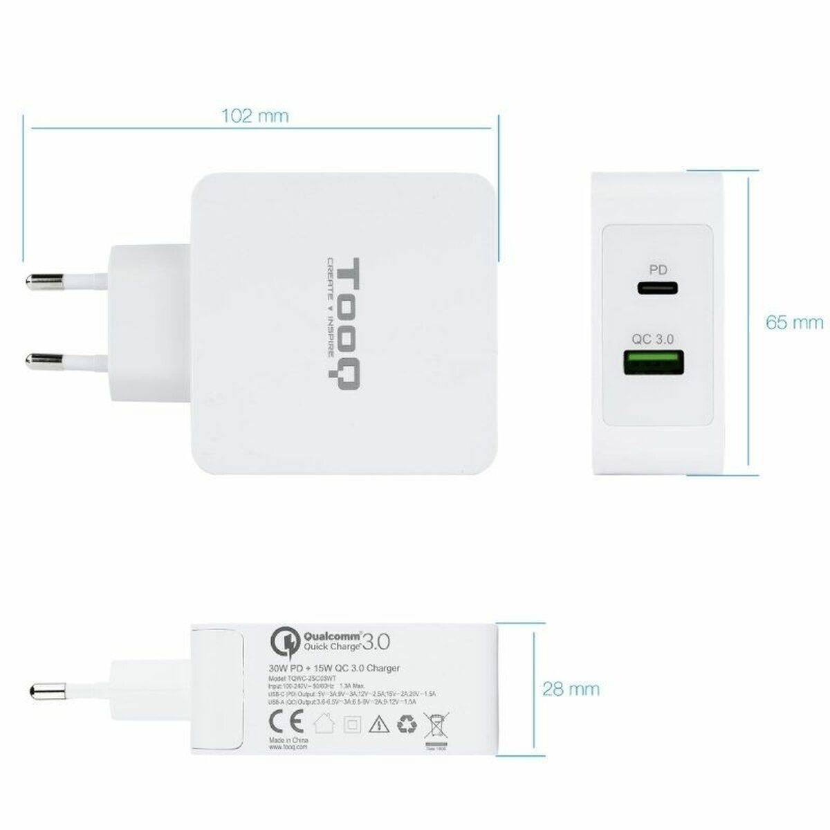 Cargador USB Pared TooQ TQWC-2SC03WT Blanco 48 W