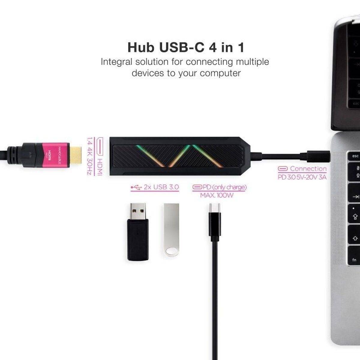 Hub USB-C NANOCABLE 10.16.0401 Negro 100 W