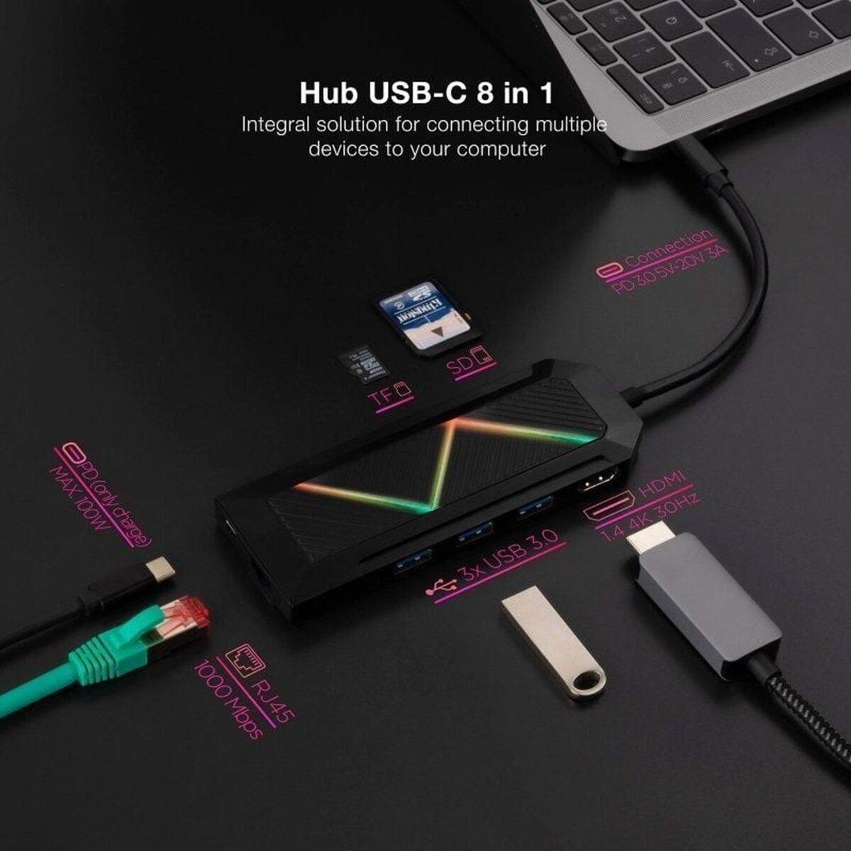 Hub USB-C NANOCABLE 10.16.0801 Negro 100 W